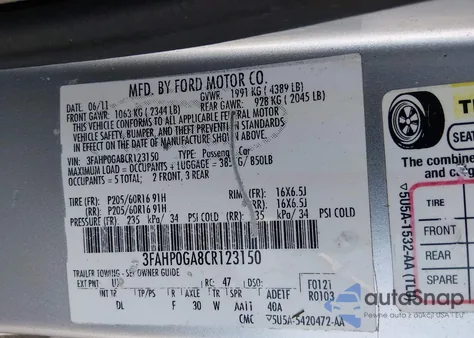 2012 Ford Fusion S z USA, uszkodzony, nr VIN 3FAHP0GA8CR123150